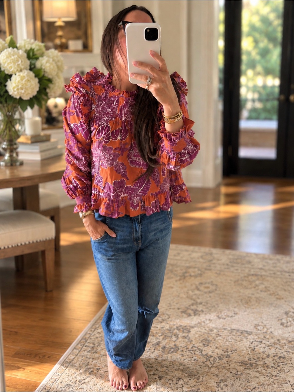 “Love the label” Ruffled Floral Long-Sleeve Peasant Blouse - Pink & Orange